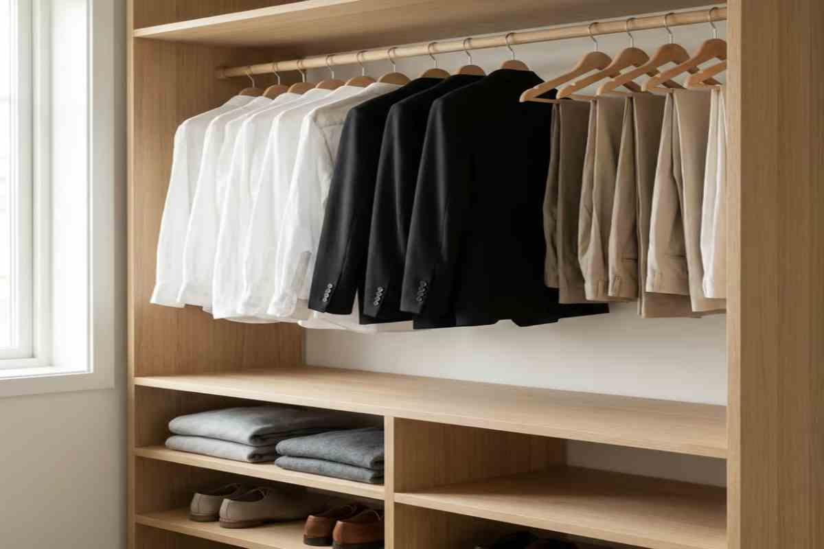 Stil minimalist in vestimentatie - Ghid complet pentru eleganta simpla si autentica, cu principii cheie si inspiratie pentru tinute moderne_Garderoba minimalista organizata cu haine in culori neutre