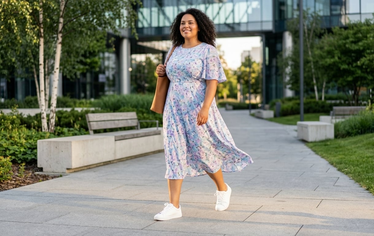 Ghid complet pentru tinute (femeie fericita, rochie pastelata cu flori, adidasi albi, natura)